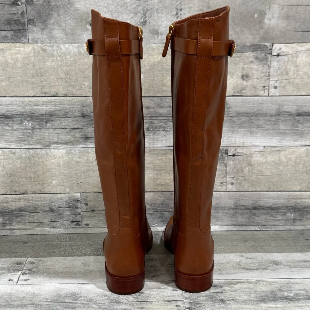 TORY BURCH EVERLY STRAP RIDING BOOTS - SIERRA TAN - SIZE - 7M .US